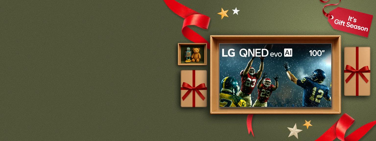 “It’s gift season” badge. Opened and unopened gift boxes appear in a cluster. Center box displays 100” QNED TV.