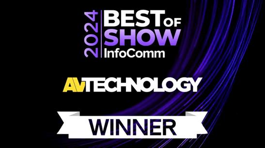 2024 Best of Show InfoComm AV Technology Winner banner with purple curved lines on a black background