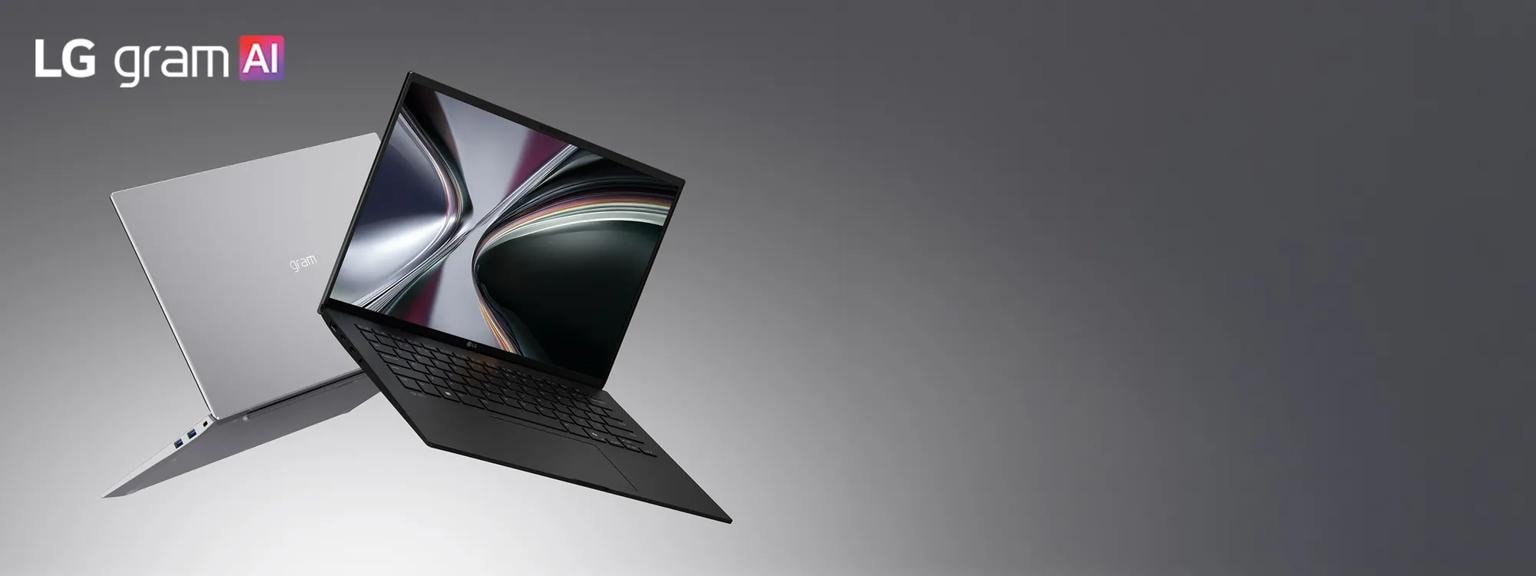 Two LG gram AI laptops in light gray shown floating at an angle against a gray background with one screen open displaying an abstract swirl graphic.