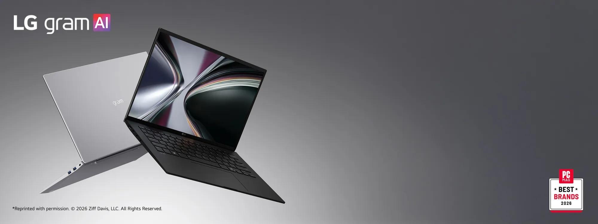 Two LG gram AI laptops in light gray shown floating at an angle against a gray background with one screen open displaying an abstract swirl graphic.