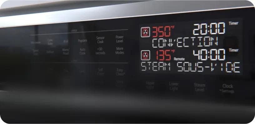 An LG wall oven's LED glass display shows various baking settings next to their controls.