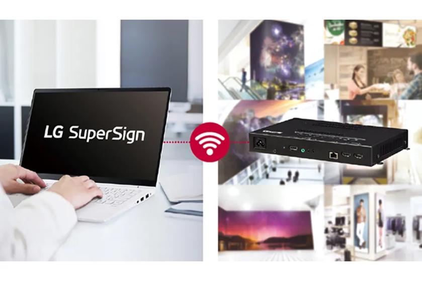 A person using a laptop with LG SuperSign logo on its screen, next to an image of an WP601-B overlaid on various signage displays. The images are linked with a wifi icon. 