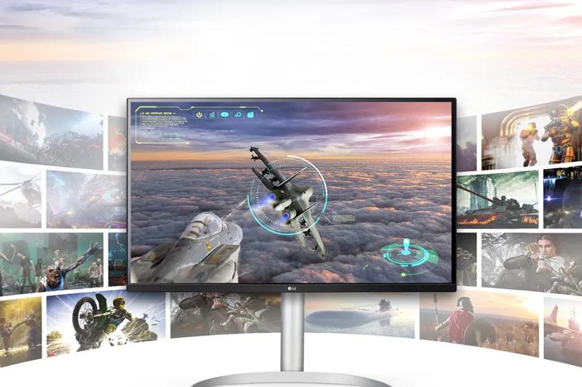 LG monitor displaying an aircraft in a video game. Surrounding images depict various gaming scenes.
