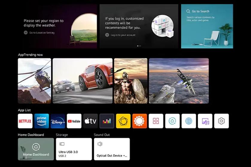 Digital interface with sections for location settings, app trends, and application icons.