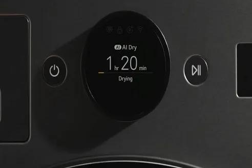 Close up of LG Dryer on AI Dry setting with timer displaying a remaining one hour and twenty minutes.