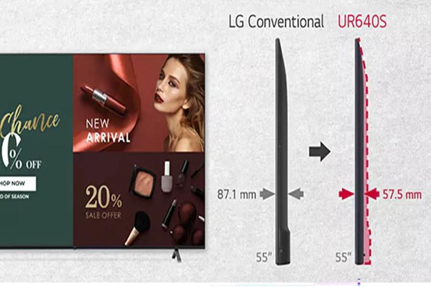 TV advertisement showcasing cosmetics and TV model comparison with thickness measurements.