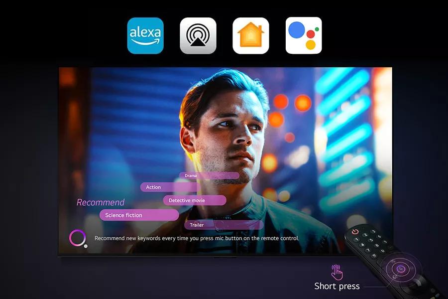 The LG OLED B4’s on-screen voice prompts, along with logos for all supported voice assistants.
