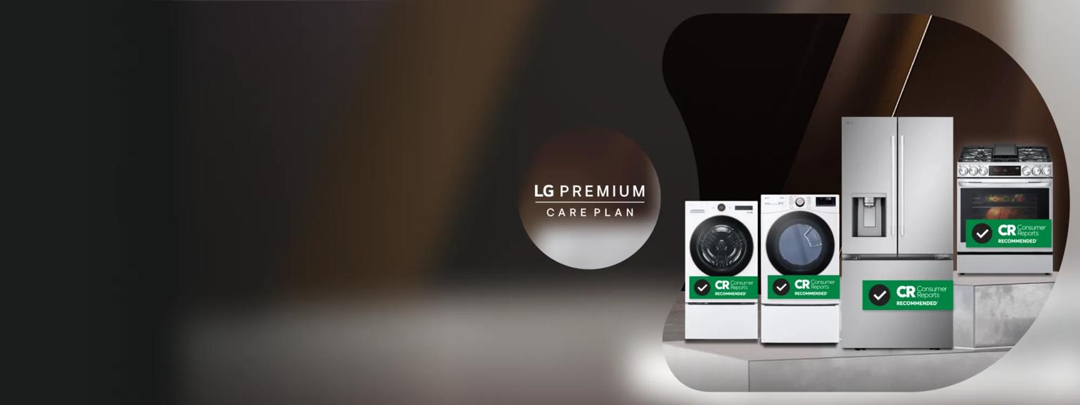 A group of LG home appliances appear on a pedestal with “Consumer Reports Recommended” banners draping across them. “LG Premium Care Plan” text. 