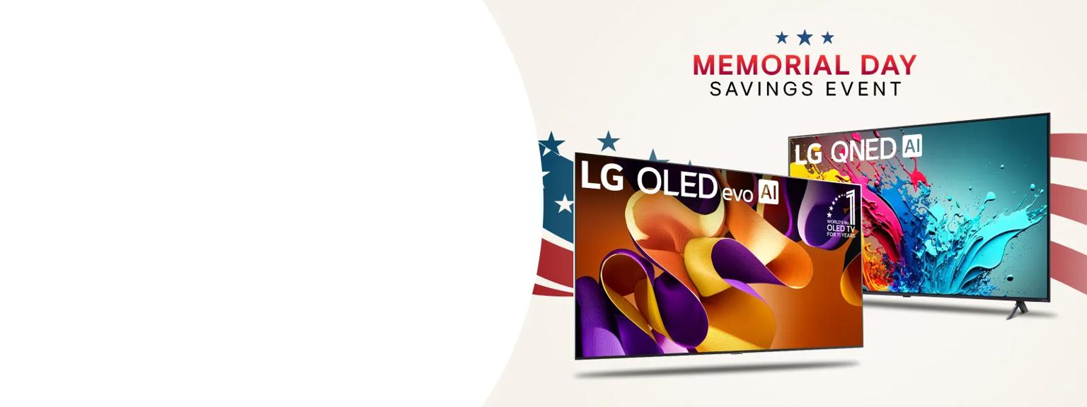 “Memorial Day Savings Event” title badge. An LG OLED and QNED TV appear side-by-side. The infill of the OLED displays a badge reading “World’s No. 1 OLED TV for 12 Years”. A stars and stripes graphic appears behind the TVs. 