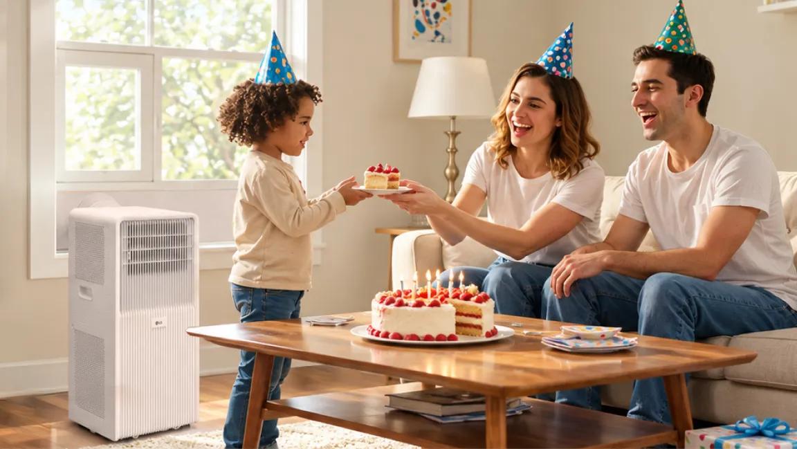 LG portable air conditioner in a living room as a family in birthday hats celebrates with cake, child handing a slice to smiling parents on a sofa
