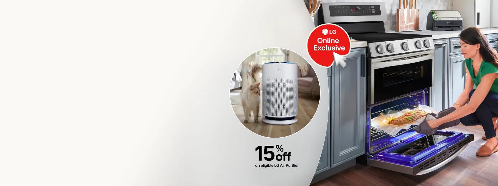 LG range with open oven door as a woman removes a baked dish using oven mitts, alongside a circular inset of an LG Air Purifier with a cat nearby. LG Online Exclusive badge visible. 15% off an eligible LG Air Purifier.