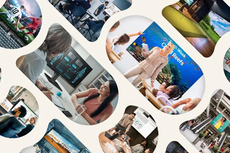 A collage of rounded LG shapes. Each has a photo of a business setting such as an office, classroom, or doctor's office with people using LG technology.