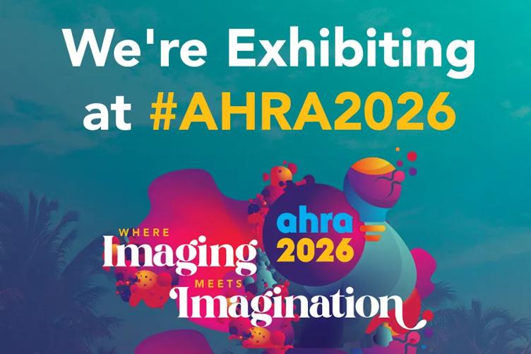 Green colorful background with the AHRA 2026 logo and slogan "Where imaging meets imagination". Above in white and yellow text reads: We're exhibiting at #AHRA2026