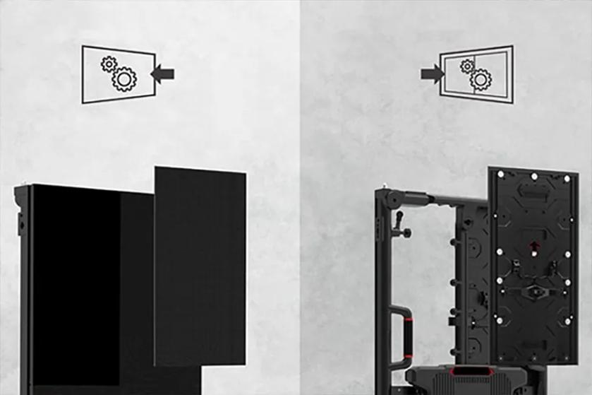 Two-step process showing a screen removal and its backing with gear symbols indicating mechanical action.