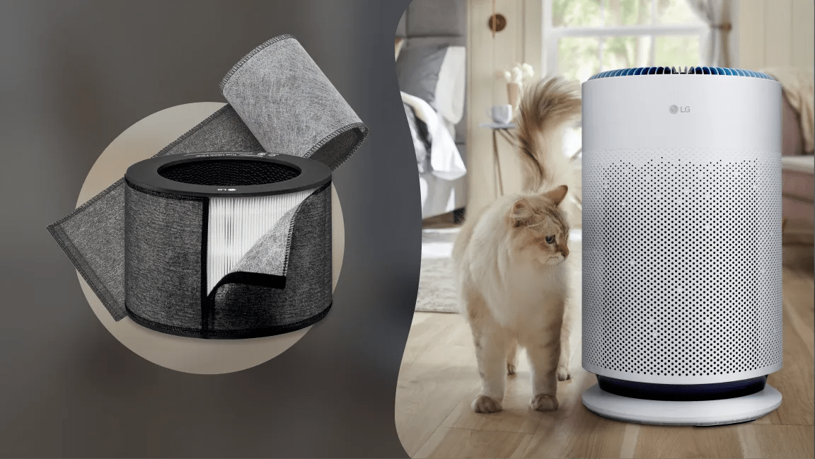 A cat stands next to an air purifier in a living room.