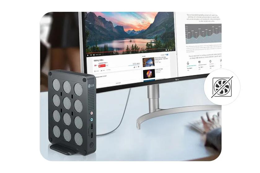 An LG box type thin client connected to a monitor, with a circular icon of a fan with a bar through it.