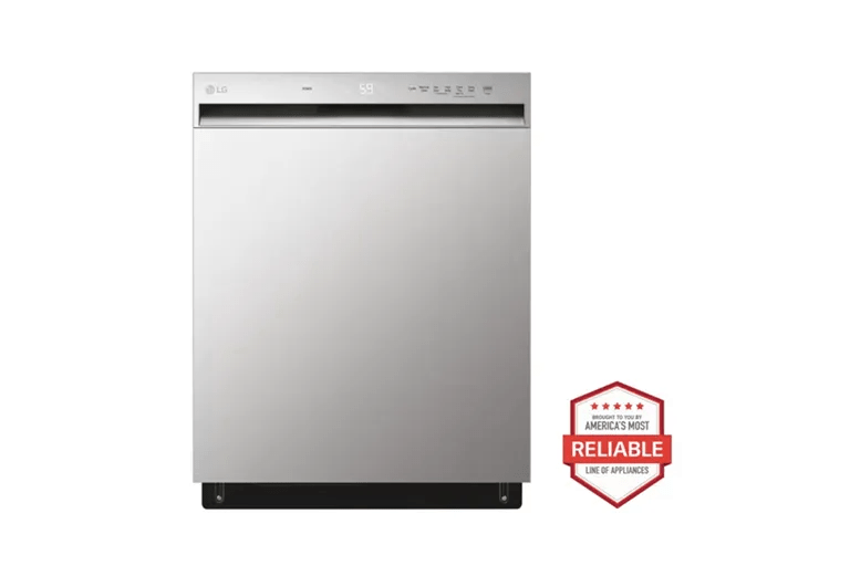 A front-facing image of an LG LDFN3432T front control dishwasher next to a red "Brought to you by American's Most Reliable Line of Appliances" badge.