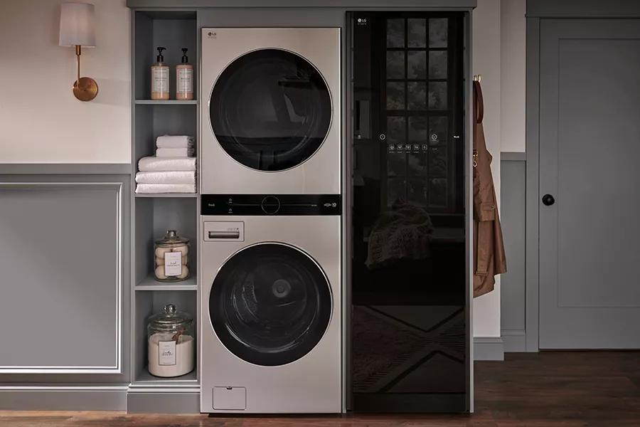 display of LG washer dryer tower and styler