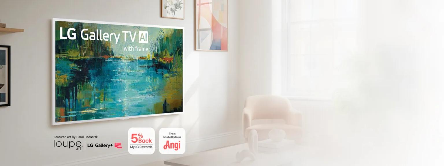 LG Gallery TV mounted flush to a living room wall displaying a vibrant still life painting in a bright, modern space with a chair and soft natural light. Featured art by Carol Bednarski. “Loupe Art | LG Gallery+”, “Angi Free Installation”, and “5% Back MyLG Rewards” badges. 