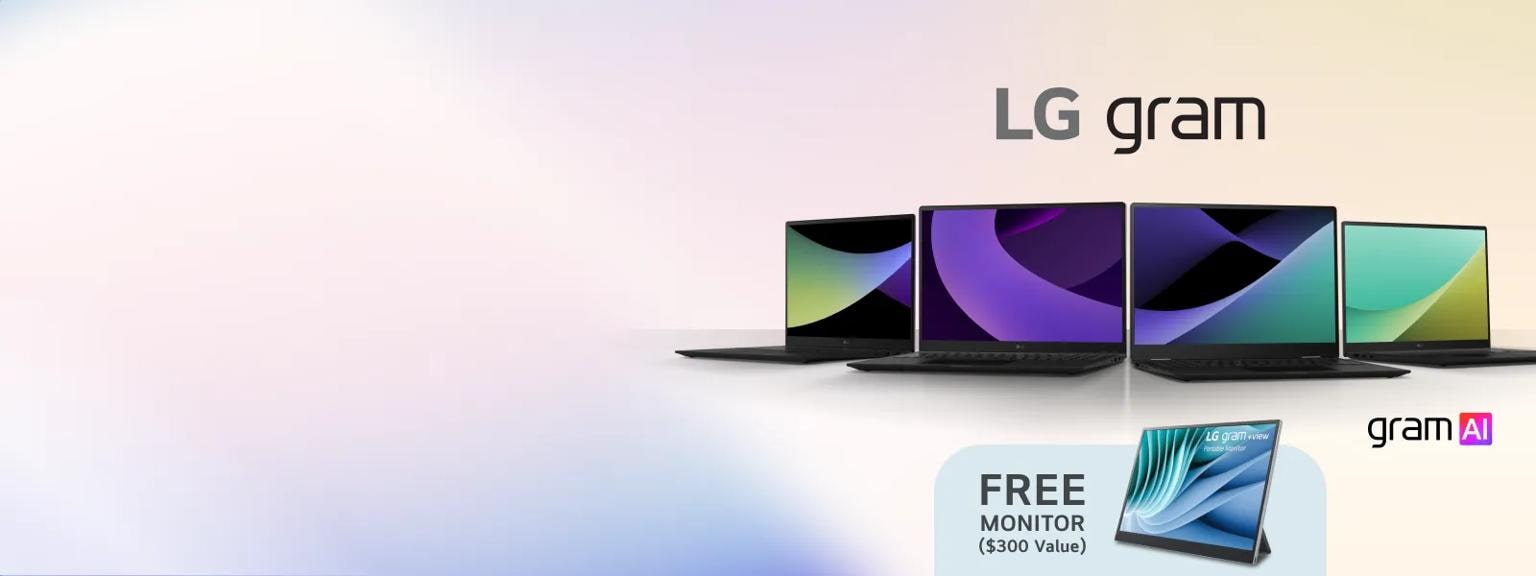 LG Gram laptops displayed with colorful screens, promoting the Gram AI series. A free LG Gram +view portable monitor offer is highlighted in the bottom right corner.