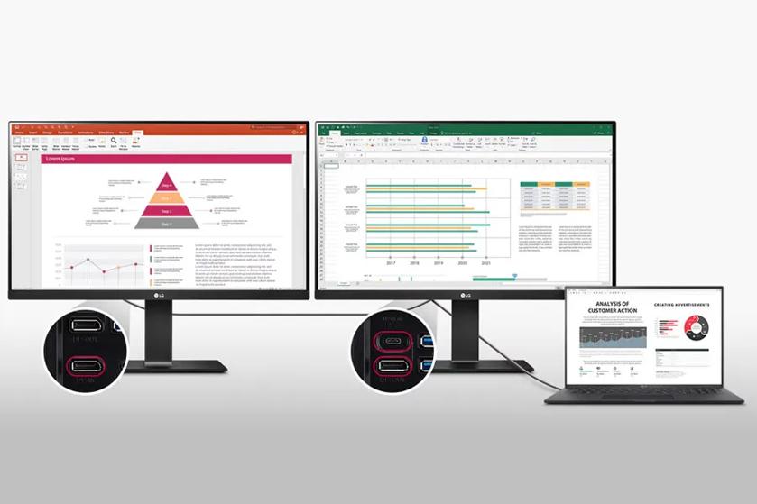 Two LG monitors displaying a PowerPoint and Excel file, with close-ups of HDMI and USB-C ports, and a laptop showing an analysis document.