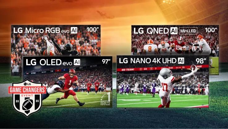 LG Game Changers Event 2026 featuring four large-screen LG TVs displaying NFL football gameplay against a stadium backdrop -- LG Micro RGB evo AI 100" TV (top left), LG OLED evo AI 97" TV (bottom left), LG QNED AI Mini LED 100" TV (top right), and LG NANO 4K UHD AI 98" TV (bottom right) 