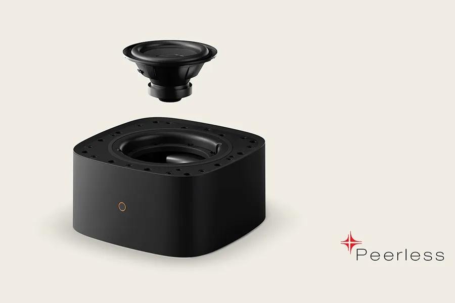 Image of an LG Sound Suite wireless subwoofer showing the woofer engineered by Peerless