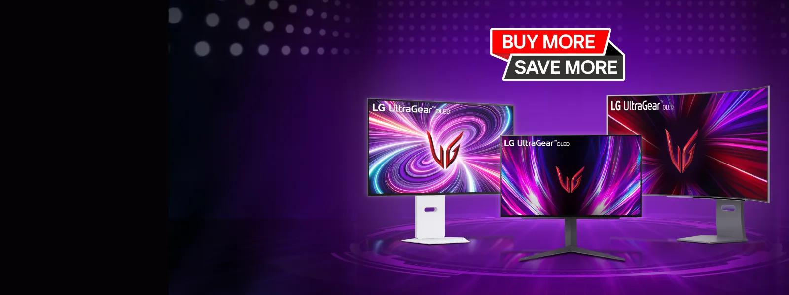 3 different style of LG UltraGear OLED gaming monitors showcased alongside a "Buy More, Save More" promotion. 