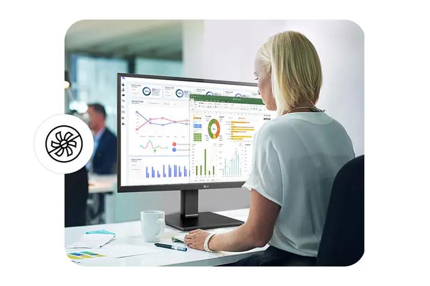 An office worker using an LG all-in-one cloud thin client, with a circular icon of a fan with a bar through it.