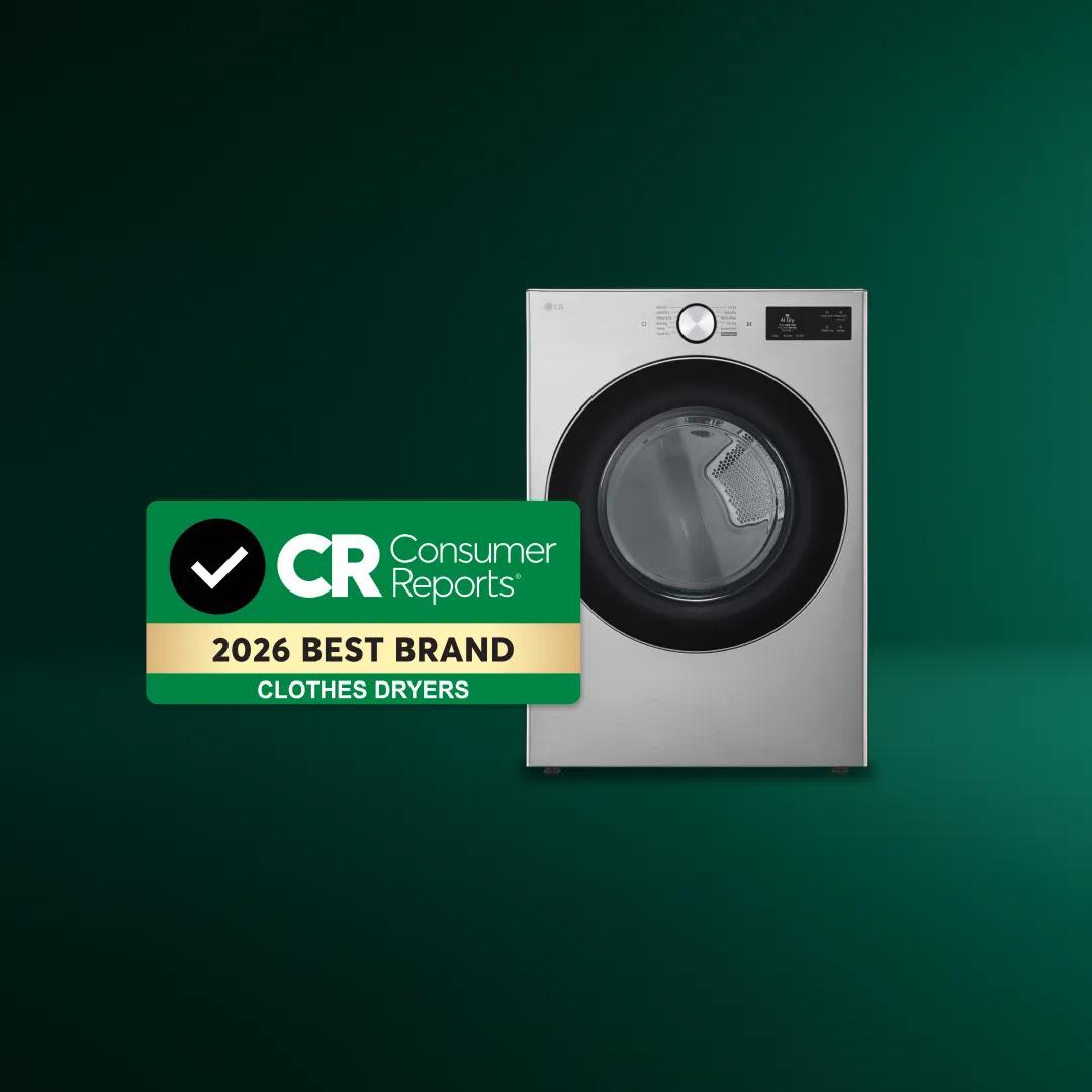A stainless steel LG dryer on a green background with a Consumer Reports 2026 Best Brand badge for washing machines.