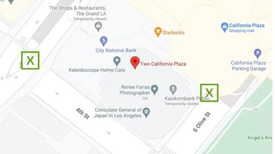 A map indicating LA BIC location as well as the mentioned parking garage entry locations.