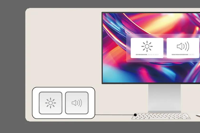 Illustration of a desktop computer showing brightness and volume controls, with matching physical buttons in the lower-left and a colorful abstract screen background.