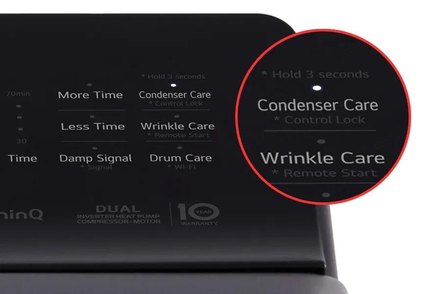 LG DLHC8402B Dryer control panel featuring Condenser Care and Wrinkle Care settings with close-up detail