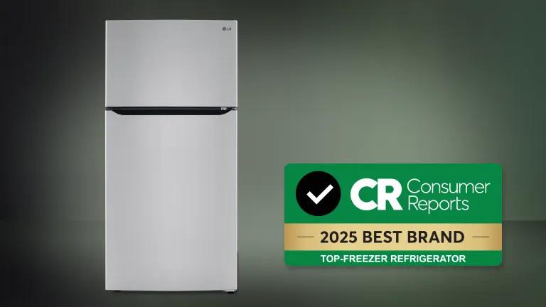 An LG refrigerator next to a Consumer Reports 2025 Best Brand badge