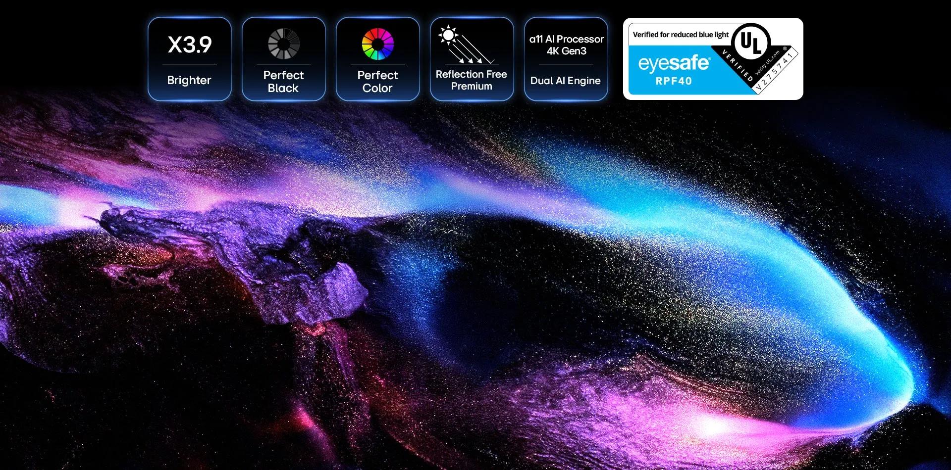 LG OLED evo W6 displays technical icons for X3.9 Brighter OLED, Perfect Black and Color, and Dual AI Engine above a cosmic burst of purple and blue colors, highlighting its advanced display performance.