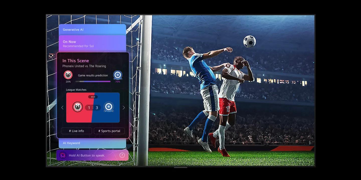 LG TV featuring Sports Forecast by AI Concierge displays a live soccer match with an on-screen AI panel presenting predictions, game insights, and league data, suggesting how AI analyzes gameplay to forecast match outcomes.