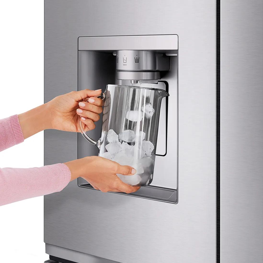Close-up of an LG refrigerator freezer drawer with Craft Ice, crushed ice and neatly organized frozen items like ice cream and packaged foods.