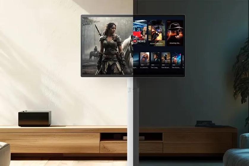 A living room with a mounted flat-screen TV showing two different images: a warrior scene on the left and a digital movie interface on the right.