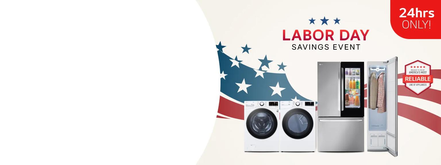A group of LG home appliances in front of graphic of American Flag. “Labor Day Savings Event” badge appears above. 