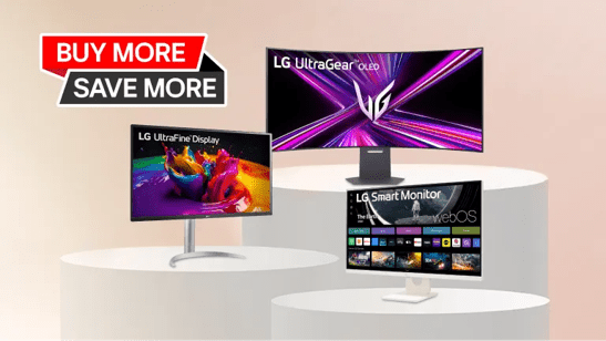 “Buy More Save More” title badge. A group of monitors appear side-by-dide.