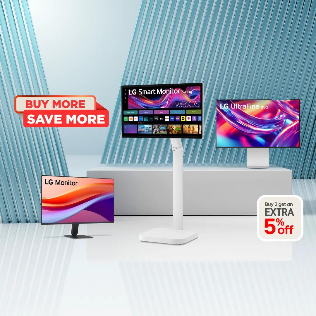 Three LG monitors on a teal backdrop: an LG Monitor, an LG Smart Monitor Swing with webOS on a tall stand, and an LG UltraFine evo, with badges reading ‘Buy More Save More’ and ‘Buy 2 get an extra 5% off.’