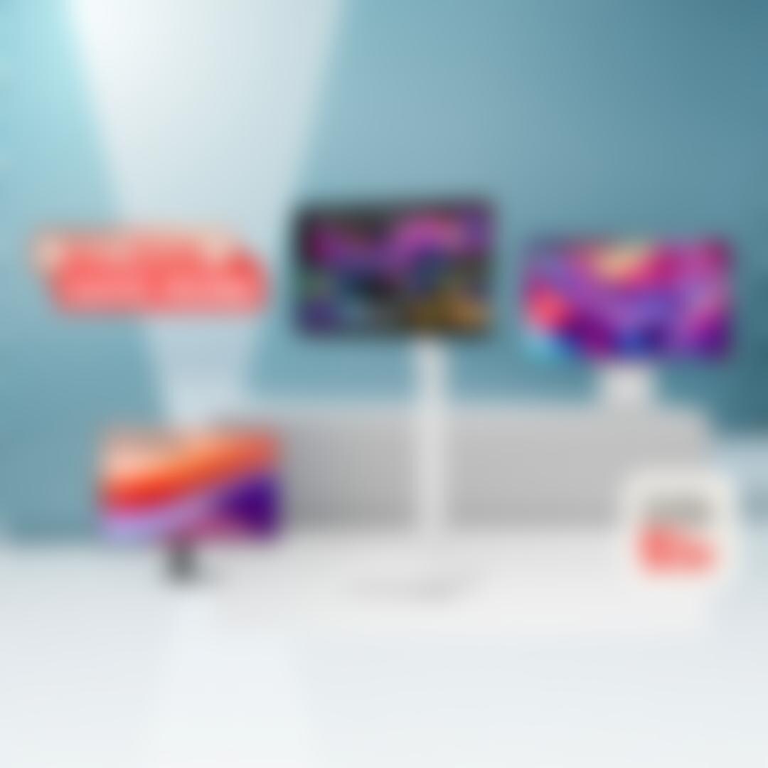 Three LG monitors on a teal backdrop: an LG Monitor, an LG Smart Monitor Swing with webOS on a tall stand, and an LG UltraFine evo, with badges reading ‘Buy More Save More’ and ‘Buy 2 get an extra 5% off.’