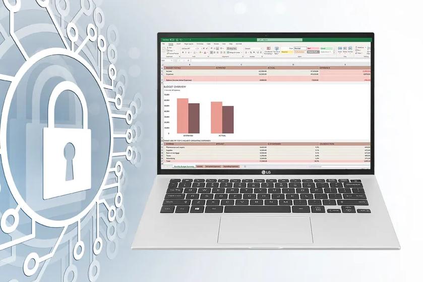 An LG cloud computing mobile thin client on a graphic background of digital-style lines and a lock.