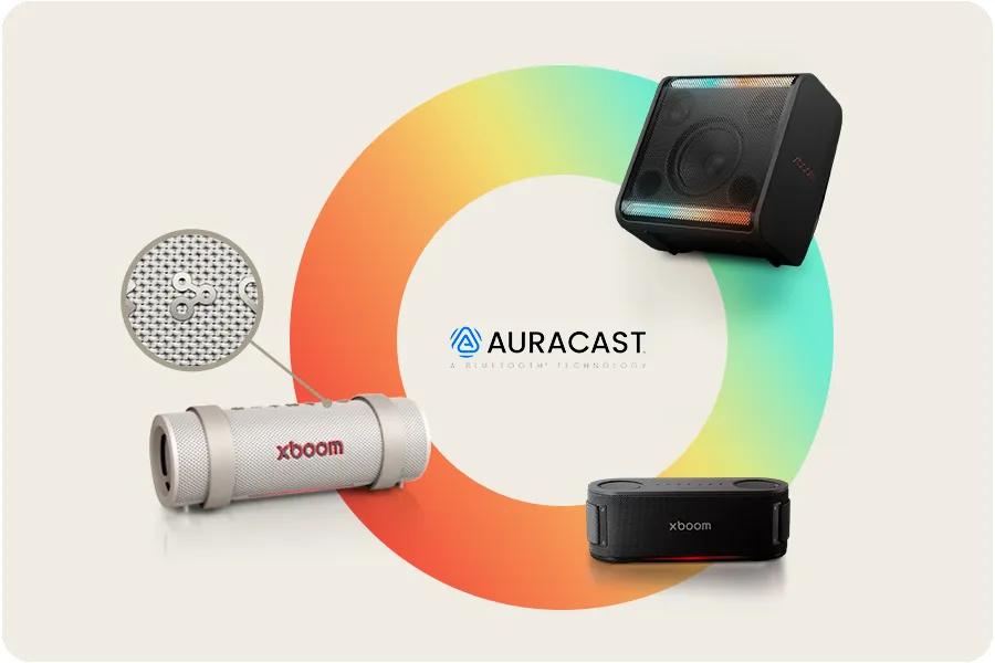 Xboom speakers floating around the Auracast logo 
