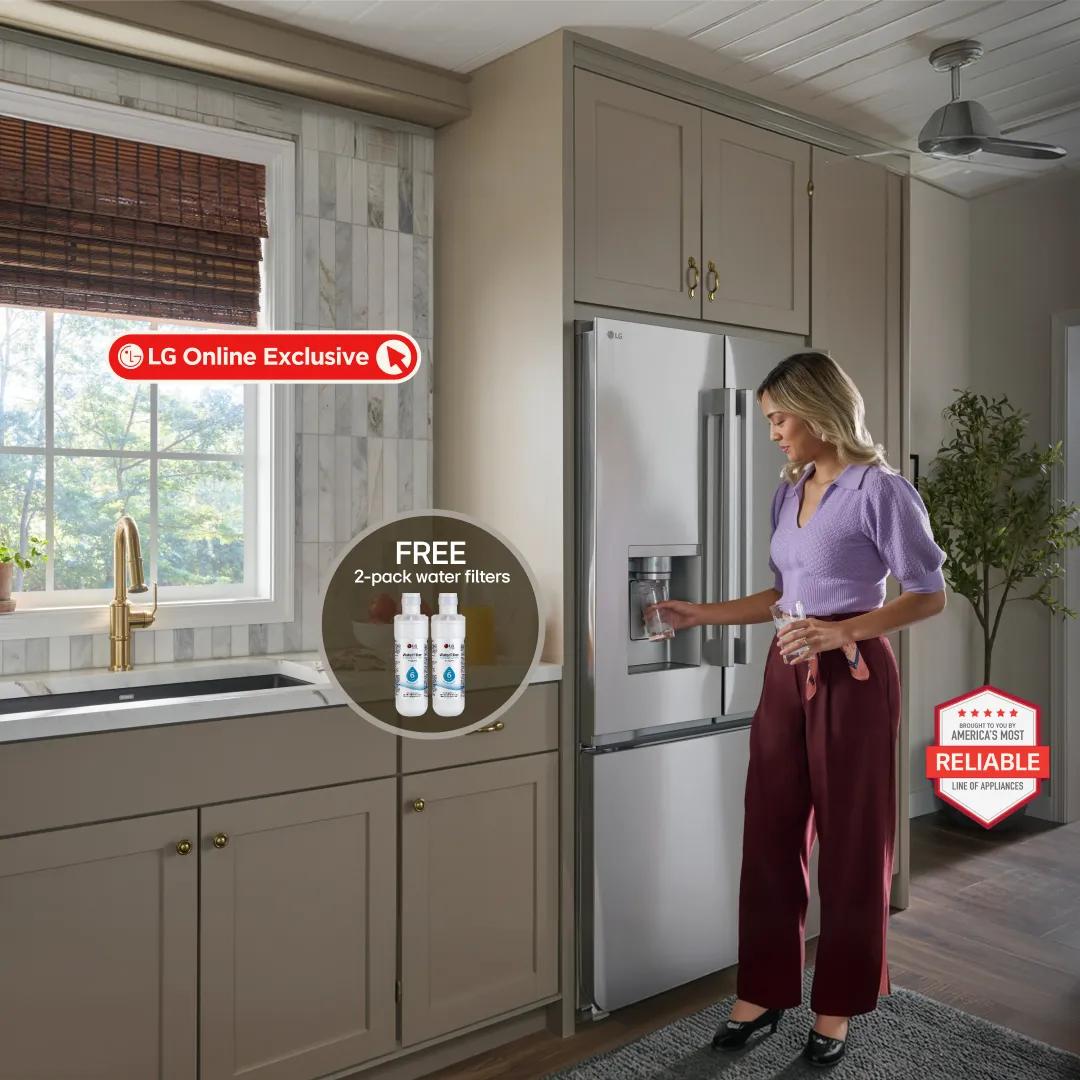 A woman in a lavender top fills a glass at the water dispenser of an LG stainless steel French door refrigerator in a kitchen, with badges for 'LG Online Exclusive,' 'Free 2-pack water filters,' and 'America's Most Reliable Line of Appliances.'