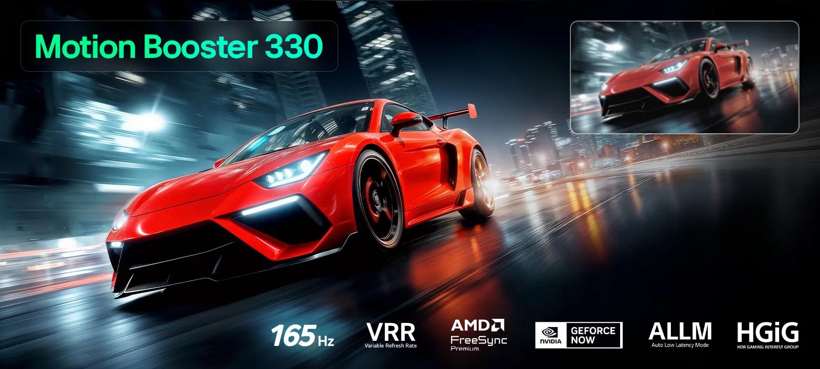 LG Micro RGB evo TV with Motion Booster 330 delivers ultra-smooth racing gameplay, showing a high-speed track scene with a blurred comparison inset while supporting 165 Hz, VRR, AMD FreeSync, ALLM, HGiG, and GeForce NOW.