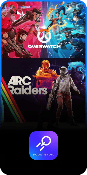 webOS gaming content card featuring Overwatch and Arc Raiders game artwork with Boosteroid app icon on a dark background.