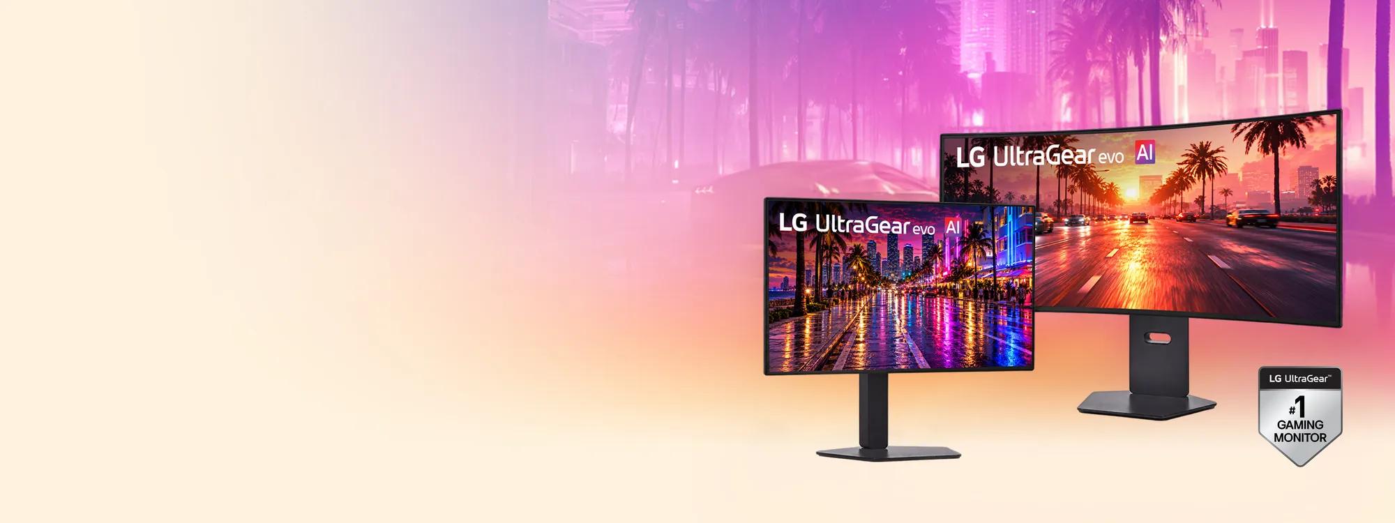 Two LG UltraGear evo AI gaming monitors displayed against a vibrant neon cityscape backdrop, with LG UltraGear #1 Gaming Monitor badge visible.