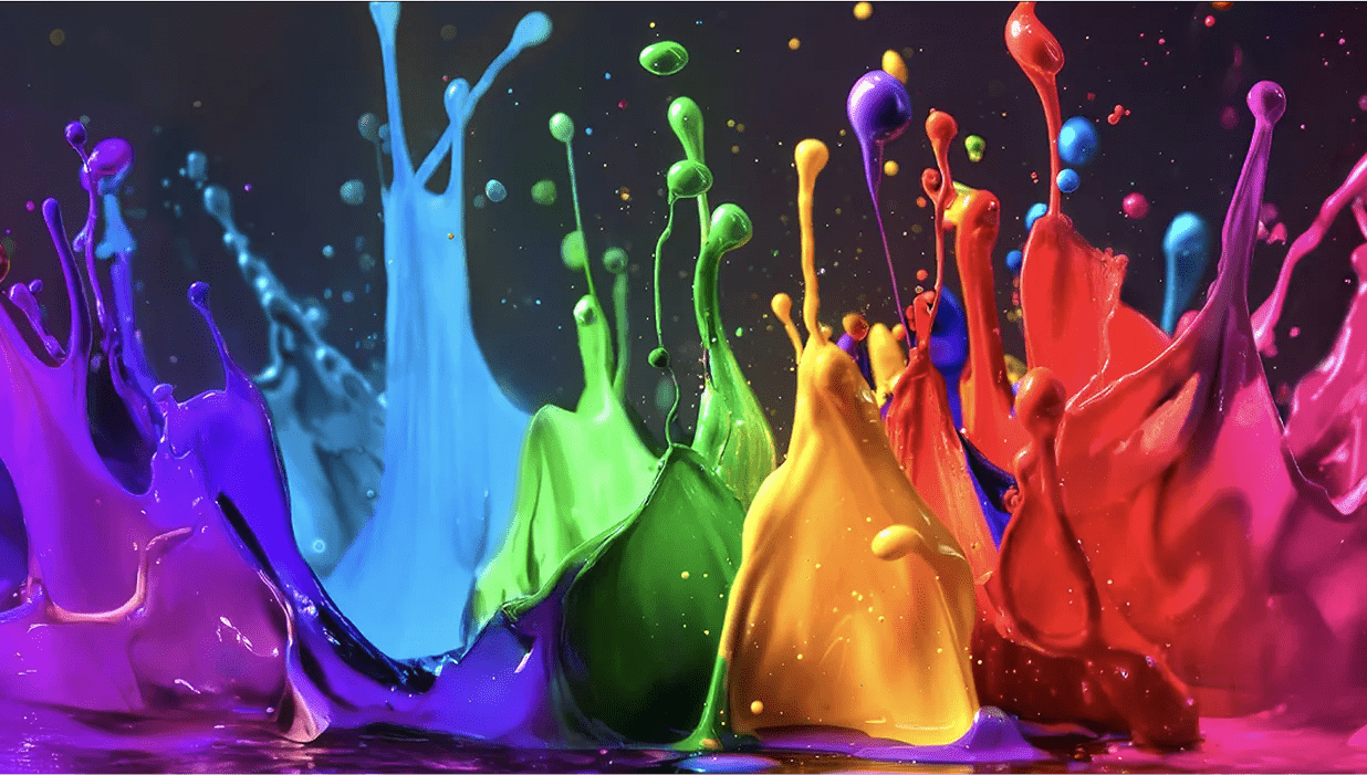 Splashes of vibrant paint in rainbow colors frozen mid-air to show vivid color range and clarity.