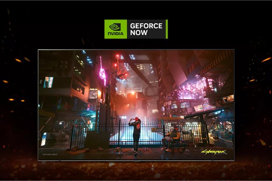 Video game content on screen. NVIDIA GEFORCE NOW logo.